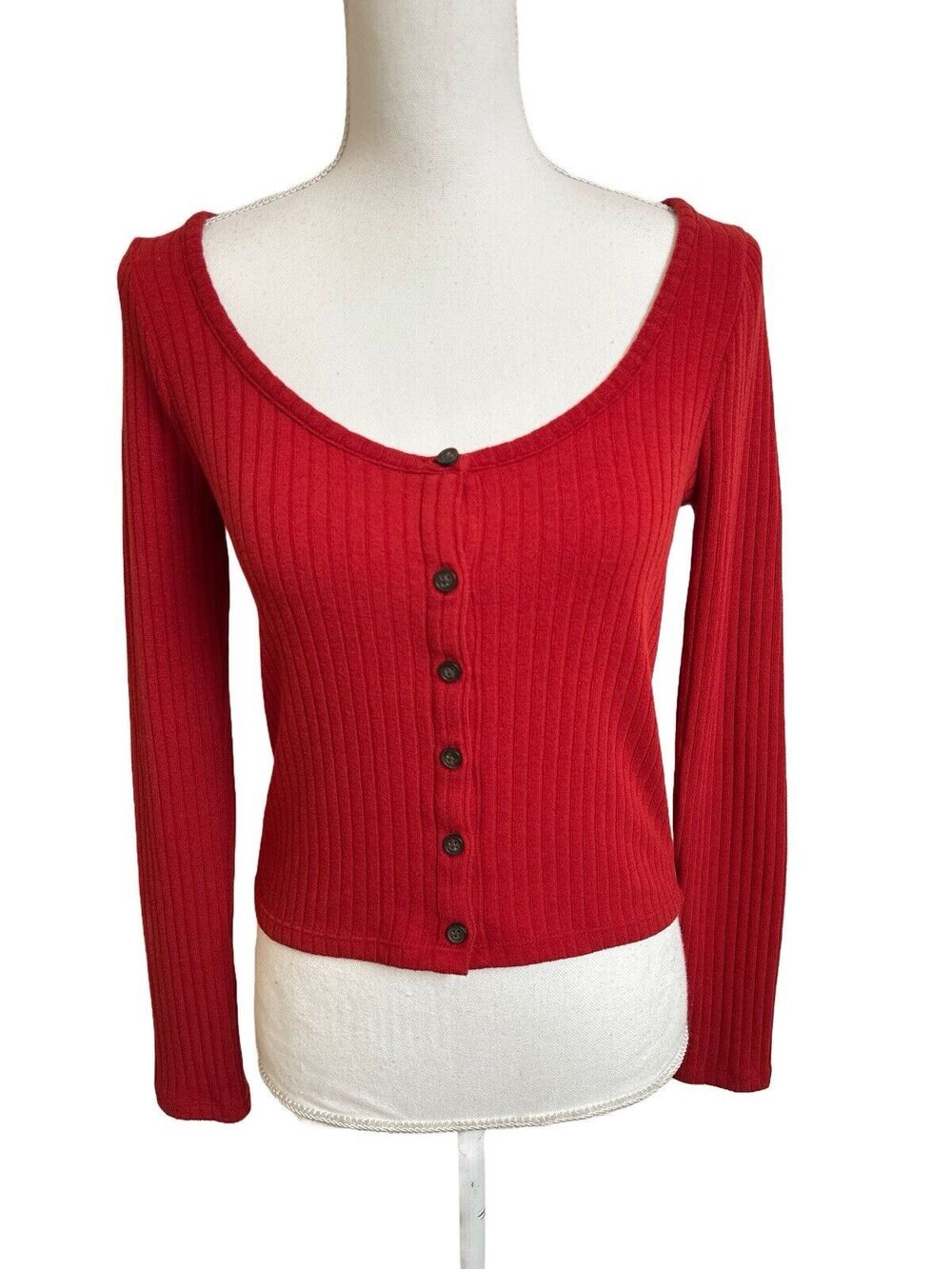 Madewell Women's S Red Ribbed Scoopneck Cardigan Top Button Down Front NC633